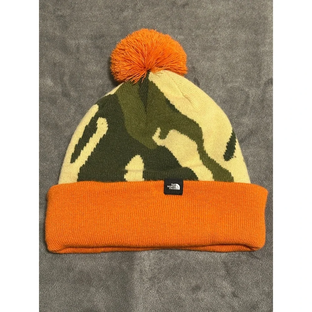 The North Face Kids Camo Beanie Orange Green Camouflage Pom Knit Hat Logo Patch